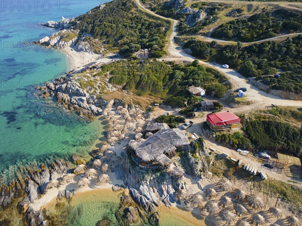 Aerial view, Tigania and Belka Beach, Kriaritsi, Sithonia, Chalkidiki, Central Macedonia, Greece,