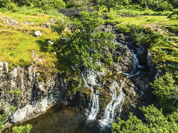 Eas Fors Waterfall from a drone, Isle of Mull, Scottish Inner Hebrides, Scotland, UK