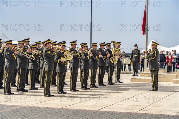 Military band of Turkish soldiers at the monument to Kemal Atatürk on the promenade in Kyrenia or