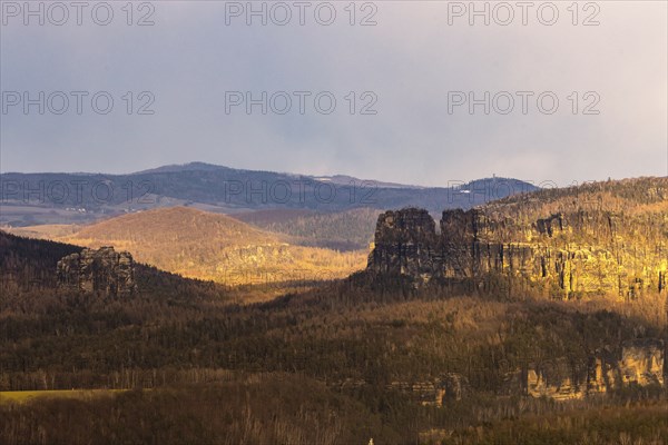 Sunset at the Papstein in Saxon Switzerland.view to the Schrammsteinen