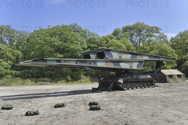 Iguana support bridge mounted on Leopard I tank, combat engineer vehicle of the Belgian army,