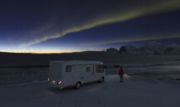 Motorhome in winter on pitch under the Northern Lights (Aurora borealis), Aurora Borealis,