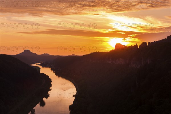 DEU Saxony Bad Schandau Sunset at the Kleine Bastei in the Schrammstein area