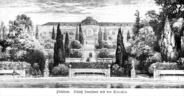 Sanssouci Palace with terraces, Potsdam near Berlin, royal city palace, ornamental garden, garden,