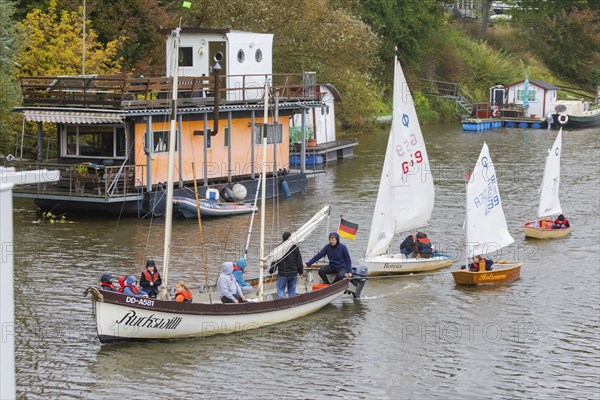 Water sports club Dresden-Loschwitz e.V. with Optimist dinghies, accompanied by a cutter, the young