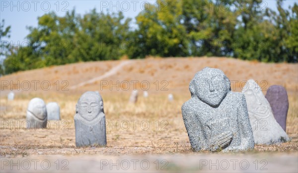 Balbals, historical gravestones in the shape of human faces, near Tokmok, Chuy, Kyrgyzstan, Asia