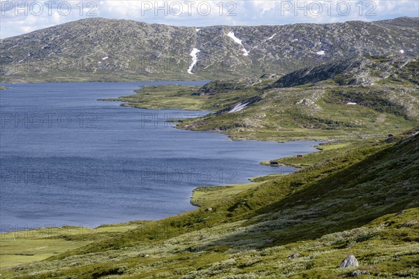 Fjell, barren mountain landscape with lake, Oystre Slidre, Jotunheimen National Park, Norway,