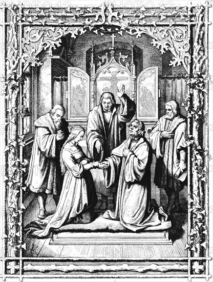 Martin Luther's marriage, Wittenberg, church, interior, priest, altar, marriage, Katharina von