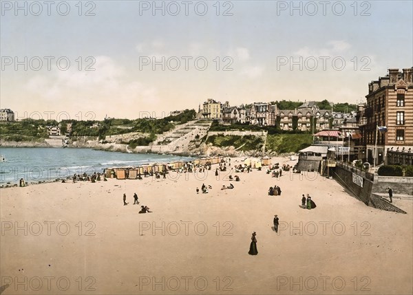 Beach and Casino, Dinard, Brittany, France, c. 1890, Historic, digitally enhanced reproduction of a