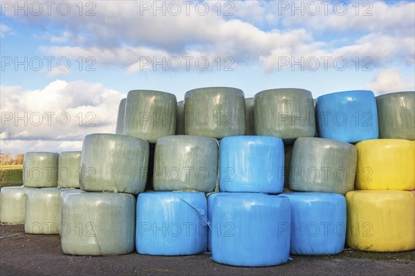 Colored silage bales in the countryside
