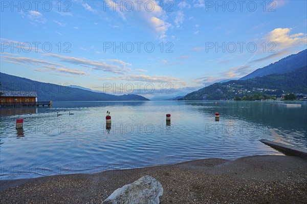 Lake shore, reflection, boathouse, sky, clouds, sunrise, summer, Lake Millstatt, Döbriach,