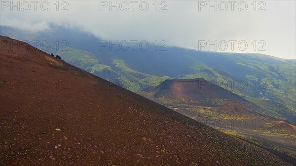 Red-brown small crater, green slopes, red slope, Crateri Silvestri, Etna, volcano, Eastern Sicily,