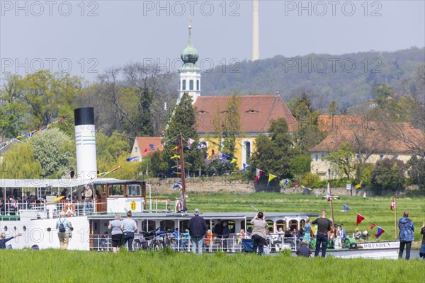 Steamship parade of the historic paddle steamers., in the background the Schifferkirche Maria am