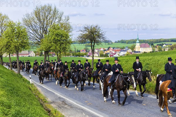 Easter riding procession in Crostwitz, Easter riding in Lusatia. Procession from Crostwitz to