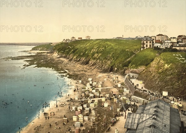 Densely populated beach, Granville in Normandy, France, c. 1890, Historic, digitally enhanced