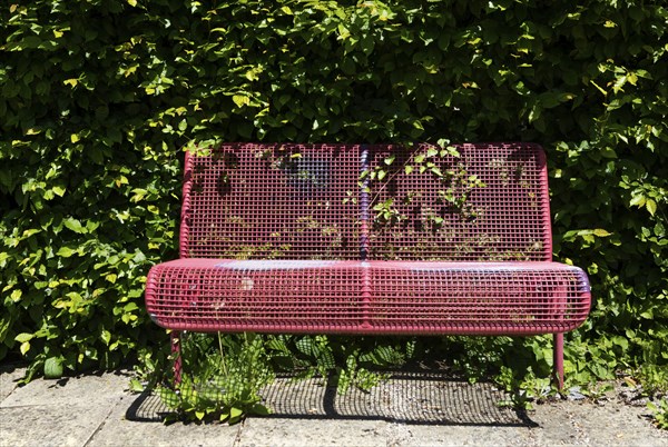 Red benches in the spa gardens, Bad Füssing, Lower Bavaria, Bavaria, Germany, Europe