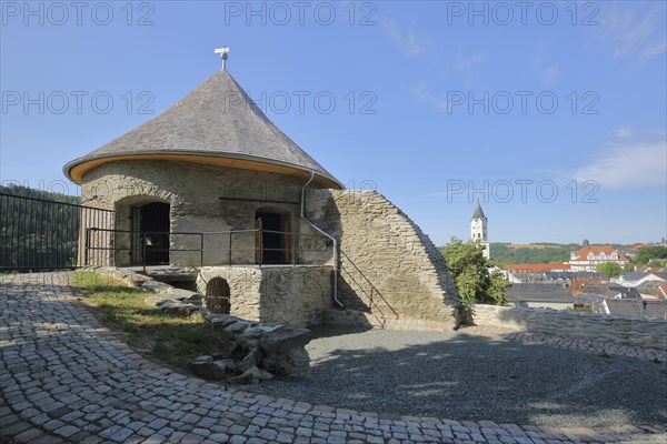 Medieval castle and tower of the Laurentius Church, Burg, Elsterberg, Vogtland, Saxony, Germany,