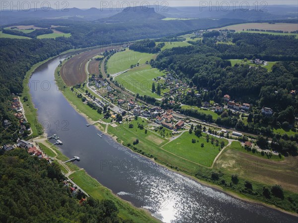 Rathen on the Elbe withView from the new viewing platform on the Bastei to the Lilienstein, Rathen,