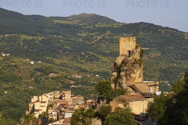 Morning light, Alcara li Fusi, village, tower on rocky outcrop, close, Nebrodi National Park,
