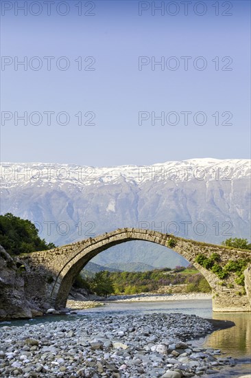 Kadiut bridge, arch bridge near Bënjë, Benja, over the wild river Lengarica, landscape near Bënjë,
