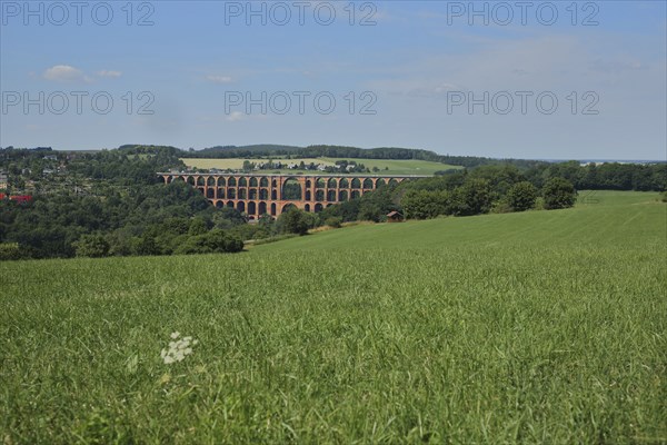 View of historical Göltzschtal bridge with bricks, bricks, viaduct, railway bridge, arch bridge,