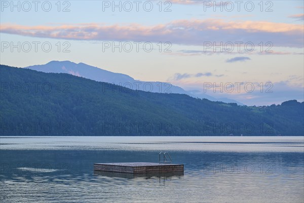Lake, bathing raft, sky, clouds, twilight, sunrise, summer, Lake Millstatt, Döbriach, Carinthia,