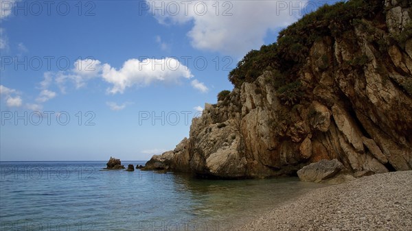 Bay, shady, rocks, pebble beach, blue sky, white clouds, Zingaro, national park, nature reserve,