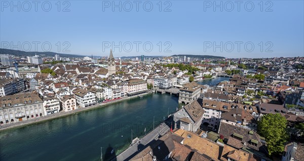 View over the old town of Zurich with the river Limmat, from the tower of the Grossmünster, Zurich