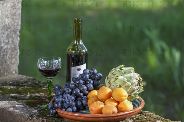 Still Life with with Fruit Bowl and Red Wine, Provence, France, Europe