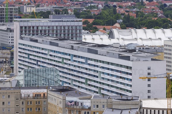 View from the Town Hall Tower over the inner Old Town to Prager Strasse with the new buildings from