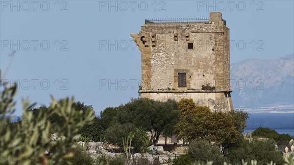 Stone square tower, close, Zingaro, national park, nature reserve, northwest, Sicily, Italy, Europe