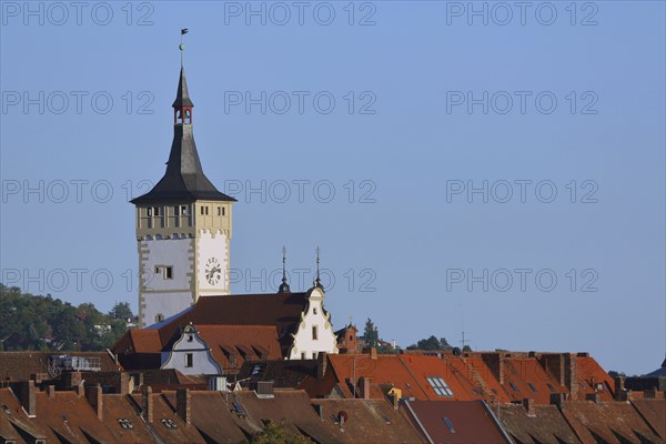 View of Grafeneckart at the town hall and cityscape with roofs, tower, old town, Würzburg, Lower