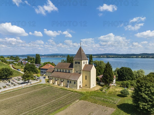 Aerial view of the Church of St. George, Oberzell, Reichenau, UNESCO World Heritage Site, Constance