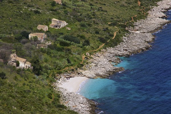 Coastline, turquoise bay, close, small pebble beach, houses, Zingaro, national park, nature
