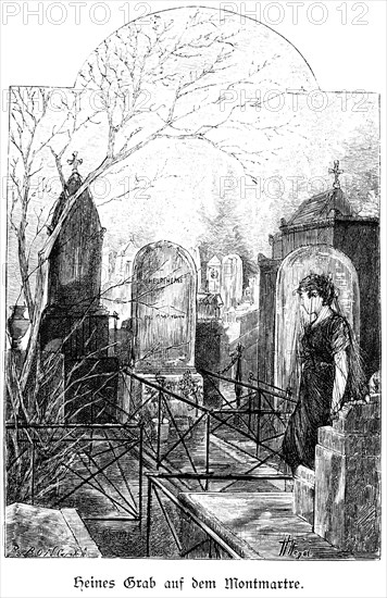 Grave of Heinrich Heine 1797-1856) at Montmartre, Paris, German poet, writer, cemetery,