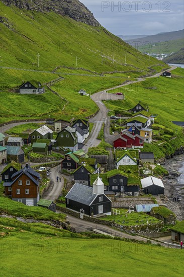 Bour village with many grasstop roofs, Vagar, Faroe islands, Denmark, Europe