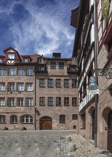 Historic houses with roof cores, Obere Krämergasse 12 and 14, Nuremberg, Middle Franconia, Bavaria,