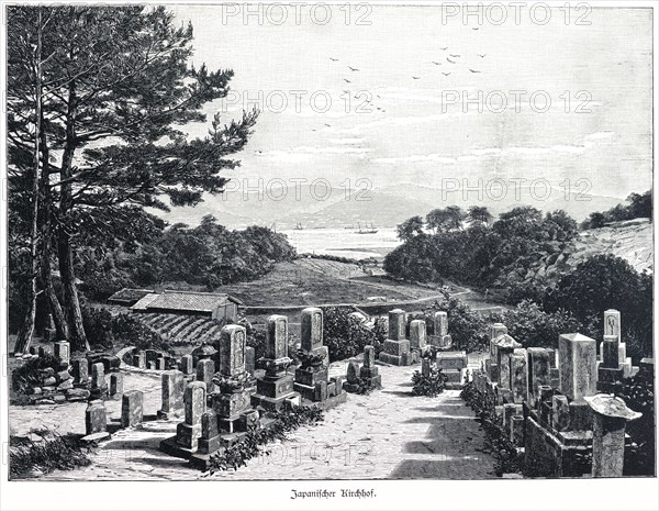 Japanese churchyard, Japan, landscape, cemetery, graves, gravestones, path, slope, flowers, trees,