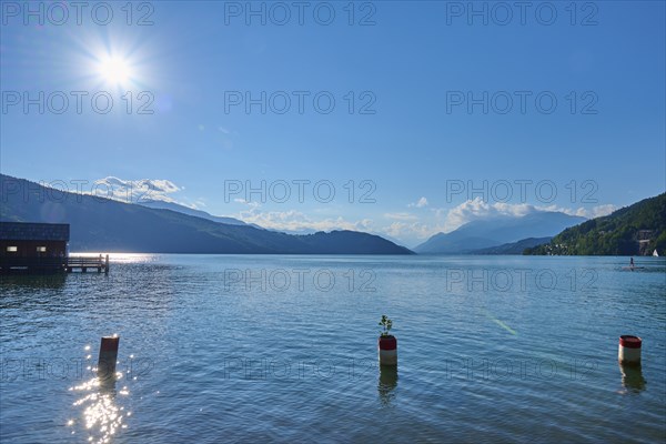 Lake, boathouse, sun, evening, summer, Lake Millstatt, Döbriach, Carinthia, Austria, Europe