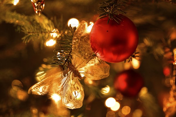 Christmas Decoration Butterfly with Christmas Tree Ball Hanging on Fir Tree