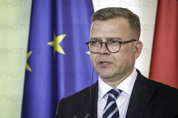 Petteri Orpo, Prime Minister of the Republic of Finland, photographed at a press conference after
