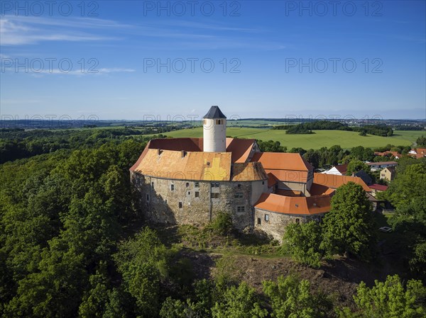 Schönfels Castle with the newly renovated keep (castle tower) . Schönfels Castle is a typical