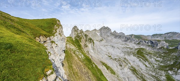 View of the summit of Säntis and Lisengrat, Rotsteinpass, high fog in the valley, Säntis, Appenzell