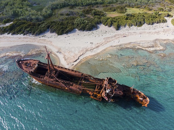 Drone shot, Dimitrios shipwreck, Glyfada beach, Selinitsa, Gythio, Githio, Gythion, Mani, Lakonia,