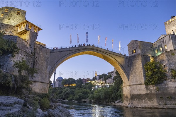 Stari Most, 16th-century Ottoman bridge over river Neretva in the old historic city Mostar,