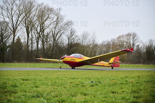 Lightweight aircraft takes off from an airfield in Neumarkt in der Oberpfalz, Bavaria, Germany,