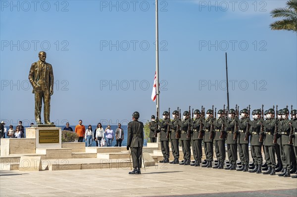 Parade of Turkish soldiers at the monument to Kemal Atatürk on the promenade in Kyrenia or Girne,
