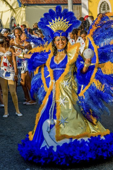 Colourful costumed, pretty woman. Carnival. Mindelo. Cabo Verde. Africa