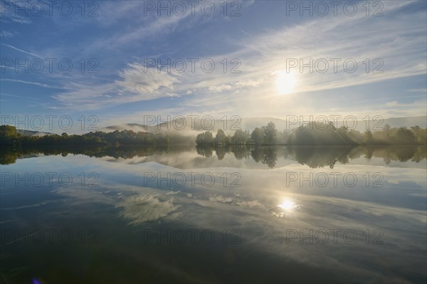 Lake, reflection, sky, clouds, fog, sunrise, autumn, Freudenberg, Odenwald, Baden-Württemberg,