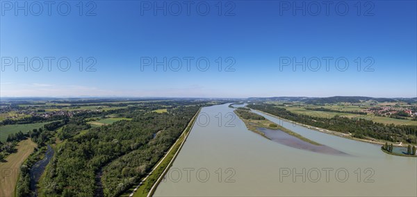 Drone image, Inn power plant Ering Frauenstein with natural landscape Lower Inn European Reserve,